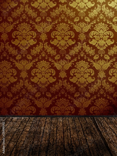 damask wallpaper room. vintage room with golden damask wallpaper.