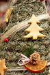 Folk Christmas spruce tree with bauble and ornaments