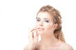Blonde young happy smiling woman with large grey eyes