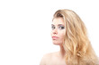 with large grey eyes and healthy blonde hair