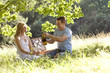 A young couple having a picnic, man opening a bottle of wine