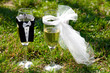 two glasses of champagne in the clothes of bride and groom stand