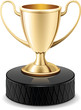 Gold shiny trophy cup award on the top of ice hockey puck Gold shiny trophy cup award on the top of ice hockey puck