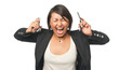 Angry young businesswoman screaming at two mobile phones Angry young businesswoman screaming at two mobile phones