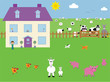 Cute farmhouse & animals vector illustration
