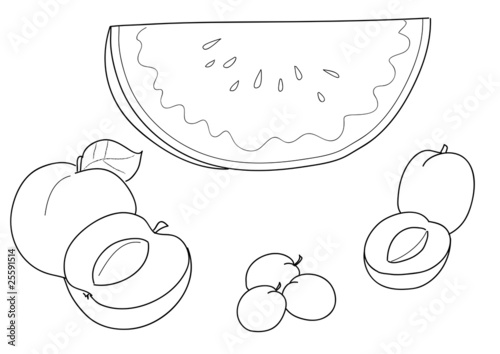 Illustration: Frutta da colorare: anguria pesca albiccocca susina Frutta da colorare: anguria pesca albiccocca susina