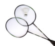 Two badminton racquets and shuttlecock isolated on white