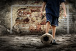 Football player and Grunge ball on the retro grunge background