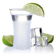 shot glass filled with clear cold alcohol