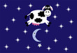Cute cow jumping over a crescent moon