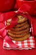 Stacked chocolate cookies on table,close up
