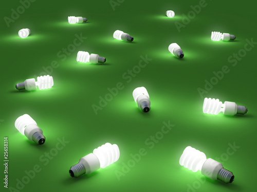 Illustration: Lampadine fluorescenti accese su un piano verde Lampadine fluorescenti accese su un piano verde