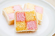 Three slices of Battenberg cake
