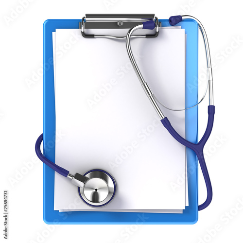Illustration: Blank medical clipboard with stethoscope Blank medical clipboard with stethoscope