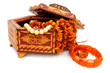The wooden casket and amber