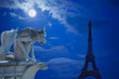 Notre Dame Chimeras and Eiffel tower under the moon of Paris Notre Dame Chimeras and Eiffel tower under the moon of Paris