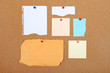Group of empty paper attached to cork board.