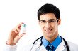 Happy doctor with drug, isolated on white