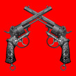 two old guns with ornament on red background