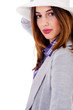 Smiling brunette model side pose