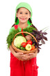 Little girl with basket of vegetables, isolated on white