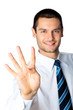 Happy businessman showing four fingers, isolated on white Happy businessman showing four fingers, isolated on white