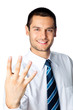 Happy businessman showing four fingers, isolated on white Happy businessman showing four fingers, isolated on white