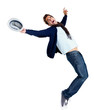 Happy young man showing dance moves on white