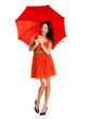 Happy young woman with a red umbrella on white