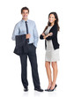 Young smiling business colleagues standing on white