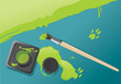 Ink bottle and paintbrush.