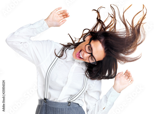 Photo: Crazy young woman in a playful mood on white Crazy young woman in a playful mood on white
