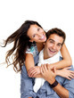 Photo : Pretty young female hugging her boyfriend on white