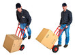 Young worker delivery man with hand truck. Young worker delivery man with hand truck.