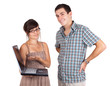 A welldressed young couple holding a laptop and smiling