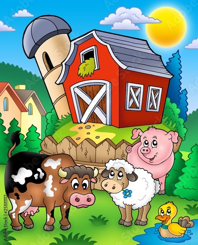 Illustration: Farm animals near barn Farm animals near barn