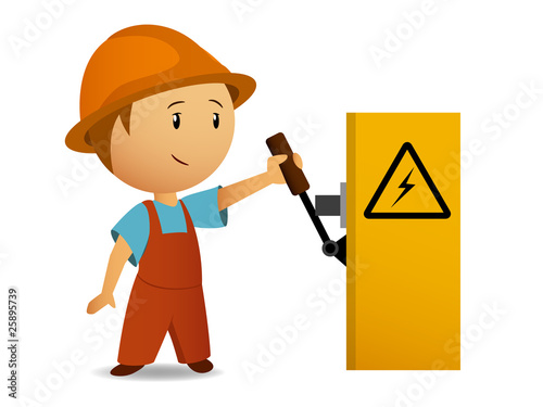 Vector: Little cartoon electrician switch on the power voltage Little cartoon electrician switch on the power voltage
