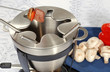 steak mushroom red pepper on fondue fork