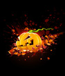 burning halloween pumpkin falling in stone