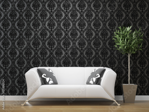 black silver wallpaper. white sofa on lack and silver