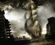 Tornado and destroyed buildings