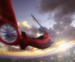 Helicopter in flight over city
