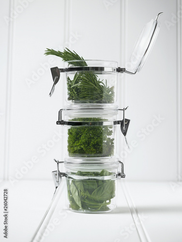Photo: Stack of mason jars with herbs Stack of mason jars with herbs