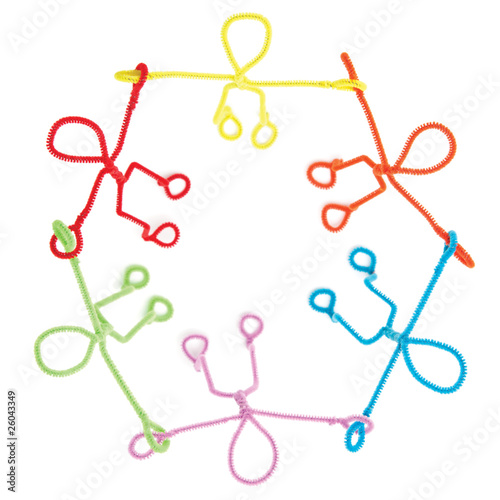stick people holding hands in circle. Colorful stick figures made of