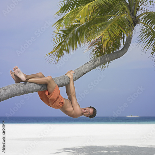 Photo: Man hanging on palm tree at beach Man hanging on palm tree at beach