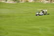 Hispanic men near golf cart on golf course