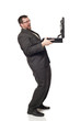 Side view businessman holding up open briefcase cringing at cont