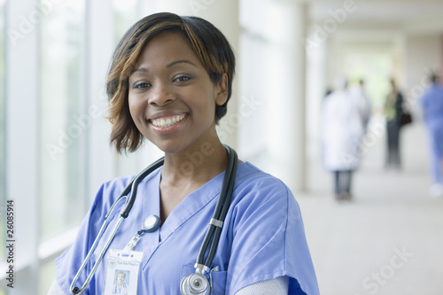 Photo: Black nurse in hospital hallway Black nurse in hospital hallway