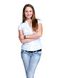 An attractive young woman standing with folded hand