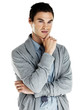Handsome young man standing agsinst white background